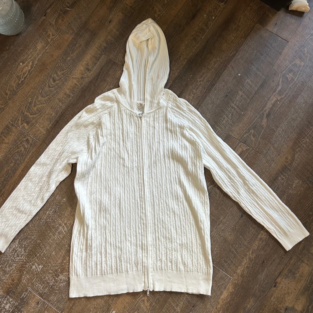 WD-NY Woman White Cable Knit Zip Up Hoodie Plus Size‎ 4X Cotton Blend Cardigan